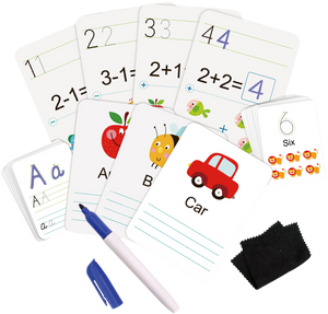These fantastic cards are great to help your little one with their handwriting & learning.  Each wipeable card has an image they will recognise and a word or sum they will need to copy using the markers provided, the cards can be wiped clean with the wiping rags and used again for next time.