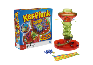 Ker-Plunk is a nerve-racking game of skill! Nail-biting fun that's gone spiralling mad!  Pull out the sticks but don't dislodge the marbles or they'll come whooshing down the chute.  The aim of the game is to finish with the fewest marbles in your tray! There are lots of different ways to play this game, start with Ker-Plunked first, then move onto Golden Ball, Tricksy Trays or Hot Sticks or let your imagination run free, what cool new games can you make up with your friends?