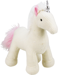 Wonderful Knitted Unicorn will be every little girls dream, she can use her imagination to make this gorgeous unicorn fly through the air, she has a beautiful silver horn, pretty white mane and stunning pink tail.  Your little one will love to cuddle up to this knitted unicorn all night long.