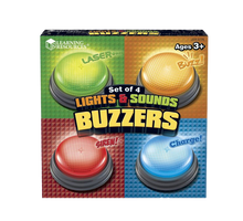 Load image into Gallery viewer, Create a buzz around learning with four fun sounds! Respond to questions with these fun and colourful buzzers, they come in Red, Yellow, Blue and Green, so everyone can pick their favourite colour! These great buzzers can be used for board games or how about using them when you see a correct answer during learning!
