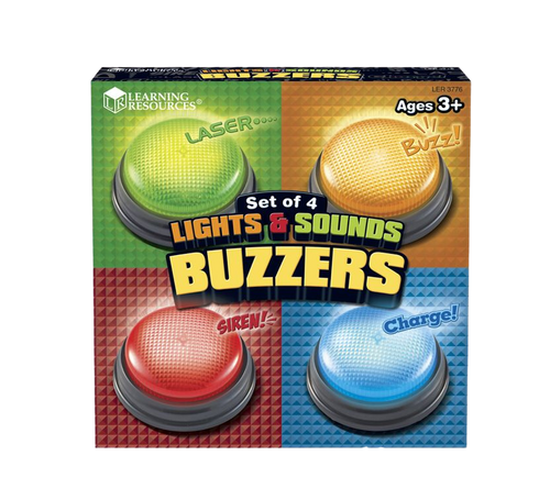 Create a buzz around learning with four fun sounds! Respond to questions with these fun and colourful buzzers, they come in Red, Yellow, Blue and Green, so everyone can pick their favourite colour! These great buzzers can be used for board games or how about using them when you see a correct answer during learning!