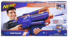 Load image into Gallery viewer, Get ready to blast into action with the Nerf Infinus! The speed load technology means that you can automatically load darts into the drum.  It has on-the-go dart loading for non-stop battling with your friends in the garden or the woods!  With a 30-dart removable drum you&#39;ll never run out of darts in action!  You can load a and fire darts without removing the drum! Fully motorised blaster! this is the only Nerf Gun you will ever need!
