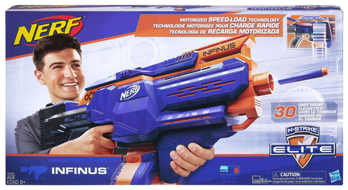 Get ready to blast into action with the Nerf Infinus! The speed load technology means that you can automatically load darts into the drum.  It has on-the-go dart loading for non-stop battling with your friends in the garden or the woods!  With a 30-dart removable drum you'll never run out of darts in action!  You can load a and fire darts without removing the drum! Fully motorised blaster! this is the only Nerf Gun you will ever need!