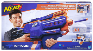 Get ready to blast into action with the Nerf Infinus! The speed load technology means that you can automatically load darts into the drum.  It has on-the-go dart loading for non-stop battling with your friends in the garden or the woods!  With a 30-dart removable drum you'll never run out of darts in action!  You can load a and fire darts without removing the drum! Fully motorised blaster! this is the only Nerf Gun you will ever need!