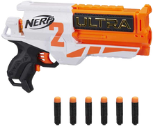 Load image into Gallery viewer, The Nerf Ultra Two motorized blaster features fast-back reloading. The 6-dart cylinder is open in the back -- you can look inside to see how many darts are left to know when to reload. Hold down the acceleration button to power up the motor, and press the trigger to fire 1 dart. Includes 6 Nerf Ultra darts that are compatible only with Nerf Ultra blasters. Darts fly up to 120 feet (36 meters)! 
