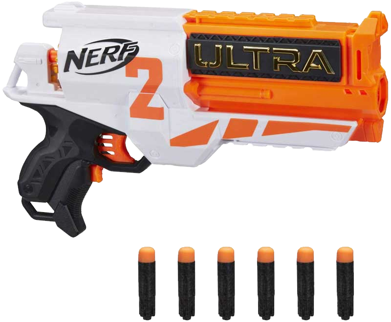 The Nerf Ultra Two motorized blaster features fast-back reloading. The 6-dart cylinder is open in the back -- you can look inside to see how many darts are left to know when to reload. Hold down the acceleration button to power up the motor, and press the trigger to fire 1 dart. Includes 6 Nerf Ultra darts that are compatible only with Nerf Ultra blasters. Darts fly up to 120 feet (36 meters)! 
