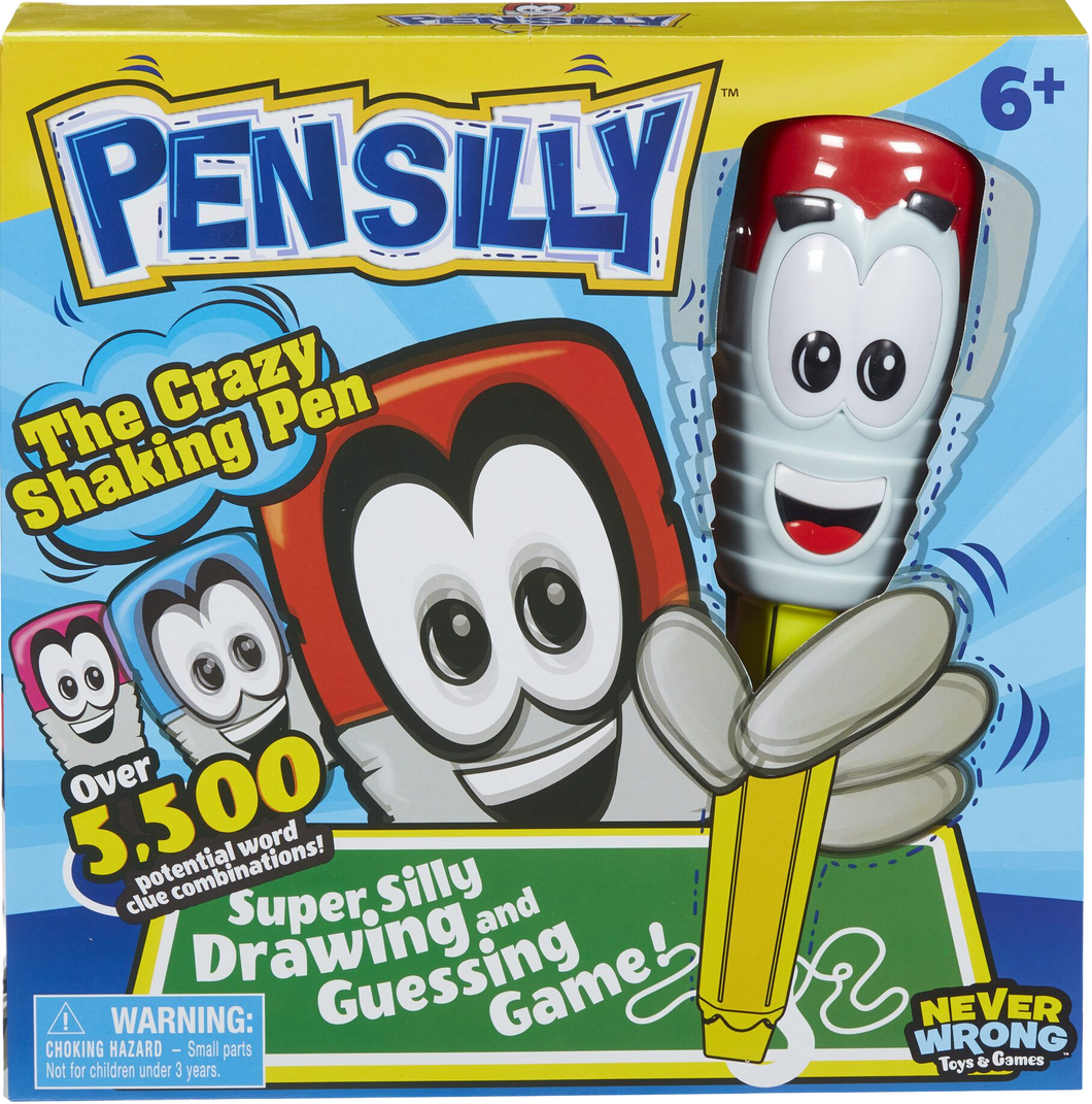 Pensilly is the super silly wobbly, shaking pen, that makes it very hard but very funny to draw what is on your card! This fun for all the family game, will have everyone in fits of laughter as they try and draw whilst the pen trembles in your hand before the timer runs out! With over 5500 potential word clue combinations! Laugh yourself silly and guess the sketch! Its going to take creativity, teamwork and imagination!