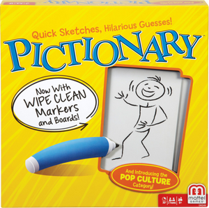 It doesn't matter if you can draw or not, the fun is in trying!  Pictionary is about quick sketches and hilarious guesses! Let you imagination run wild and your pen will follow! It doesn't matter if you can draw the Mona Lisa or just stick men, the excitement begins when everybody tries to shout out the right answer! Now includes Pop Culture category, with fresh clues featuring movies, TV shows, songs, celebrities and more.