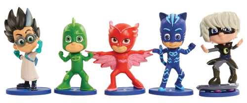 PJ Masks Collectible Figures 5 pack.  Bring the adventures of PJ Masks home with the PJ Masks Collectible Figure Pack! This deluxe pack of PJ Masks 10cm figures features the heroes: Catboy, Owlette, Gekko, and PJ Masks Villians in dynamic action poses. Perfect for play and display!