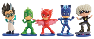 PJ Masks Collectible Figures 5 pack.  Bring the adventures of PJ Masks home with the PJ Masks Collectible Figure Pack! This deluxe pack of PJ Masks 10cm figures features the heroes: Catboy, Owlette, Gekko, and PJ Masks Villians in dynamic action poses. Perfect for play and display!
