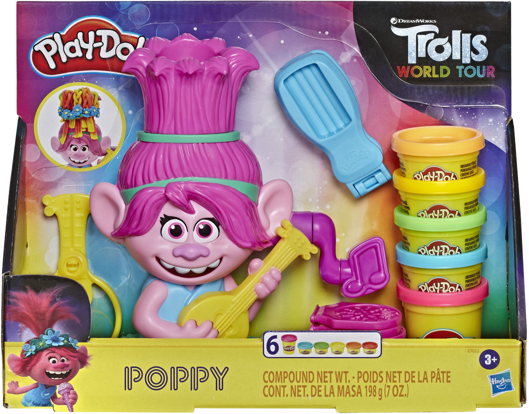 Every girl loves the adorable character Poppy from Trolls World Tour, she has now been combined with Play-Doh and every girls love of hair styling. She comes complete with all the girly colours of play-doh you require to give her some very funky syles!