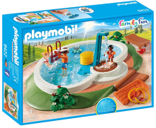 Load image into Gallery viewer, Enjoy the sun and a cooling swim with the Playmobil 9422 Family Fun Swimming Pool playset. The set features a pool, which can be filled with water and includes a functioning shower; simply press the pump to activate. There is also a floating raft for a relaxing float in the pool and, for added fun, an octopus toy, which can squirt water!
