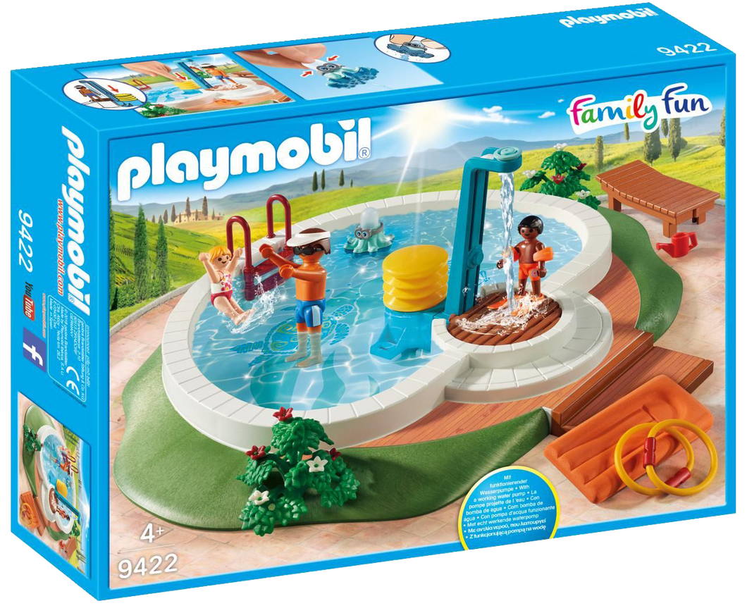 Enjoy the sun and a cooling swim with the Playmobil 9422 Family Fun Swimming Pool playset. The set features a pool, which can be filled with water and includes a functioning shower; simply press the pump to activate. There is also a floating raft for a relaxing float in the pool and, for added fun, an octopus toy, which can squirt water!