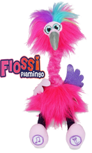 Load image into Gallery viewer, Flossi the Flamingo is the fantastically Sassi Flamingo that your little one will love to dance and sing with.  She dances and swirls when you press one of her feet.  Press and hold the other foot to talk to her, it will record your voice and she will talk back, so much fun for the whole family, your little one will be laughing their head off when they get to Floss with Flossi.
