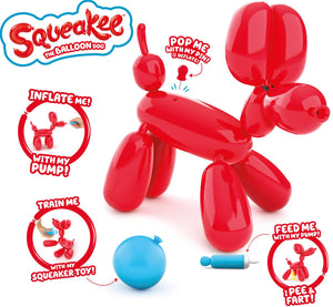 Humpty Dumpty is bursting with excitement about Squeakee the Balloon Dog, with 60 + sounds and movements, Squeakee will make you pop with excitement, this interactive pup has many features including tickling his tummy to make him happy, pop me with my pin, pet my head and I sit and stand, feed me with my pump, not to mention that I pee and fart, you can train Squeakee with his very own squeakee toy, he even responds to your voice, pop image