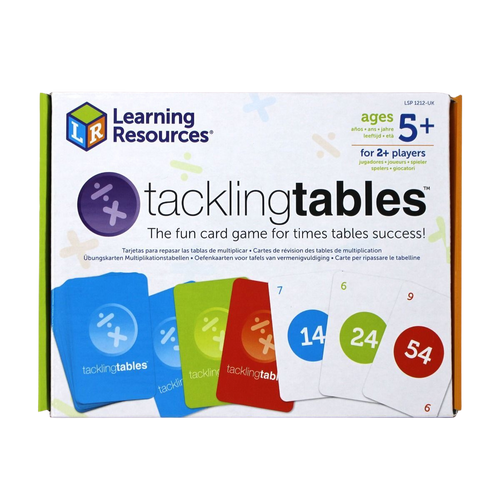 Tacklingtables is the fun card game that helps children quickly learn their times tables 'off by heart', and as children progress, the number of tables they must learn reduces!  Developed by teachers and widely used in classrooms, these colour coded cards ensure that children learn their tables as well as the corresponding division facts.
