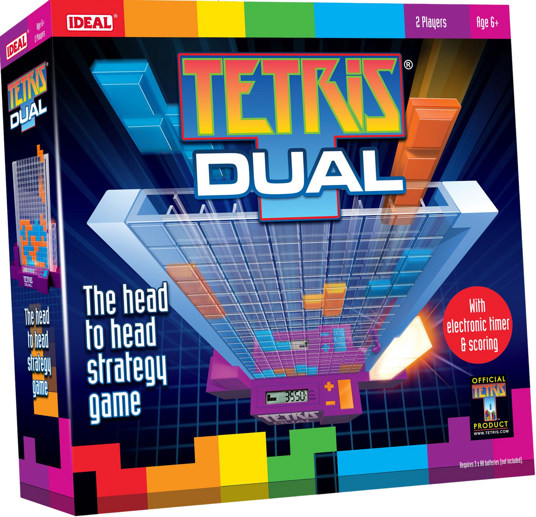 Tetris Dual is a fast head-to-head, tabletop strategy game based upon Tetris – one of the most popular electronic games of all time. The object of the game is to create the Tetrimino shapes displayed on the LCD screen, by dropping them into the play grid. Score points by placing a piece next to one of your own colour, but you can complete more points by completing a full row. Don't leave any holes or you will lose points! 