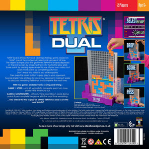 Tetris Dual is a fast head-to-head, tabletop strategy game based upon Tetris – one of the most popular electronic games of all time. The object of the game is to create the Tetrimino shapes displayed on the LCD screen, by dropping them into the play grid. Score points by placing a piece next to one of your own colour, but you can complete more points by completing a full row. Don't leave any holes or you will lose points! 