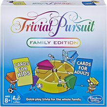 Load image into Gallery viewer, It’s the quick-play family trivia game with 2,400 questions. The fun Family Edition game of Trivial Pursuit  has cards for both kids and adults so the whole family can join in.  Gather everyone together for a brilliant gaming experience! The TRIVIAL PURSUIT FAMILY EDITION game features fresh questions and a quick pace, including the new Showdown challenge.  Play individually or in teams, taking turns moving around the board and winning wedges as you answer questions correctly.
