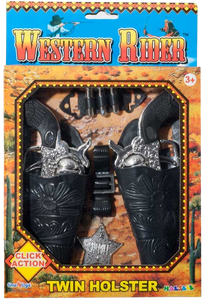 Play cowboys and Indians with this twin set of guns holsters a sheriff badge and plastic bullets.  Boys and Girls will love this Western Rider Set, with click action.  Little ones can pretend they are in a real live cowboy movie!