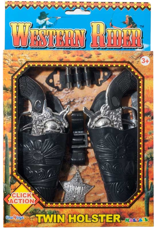 Play cowboys and Indians with this twin set of guns holsters a sheriff badge and plastic bullets.  Boys and Girls will love this Western Rider Set, with click action.  Little ones can pretend they are in a real live cowboy movie!