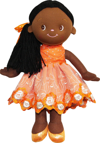 Every little girl will love Valentina Rag Doll, she has a beautiful Orange dress on with silver stars and embroidered flowers, little girls will love her polka dot bow in her hair and can have fun playing with her hair, she will love to have tea parties with other dolls.