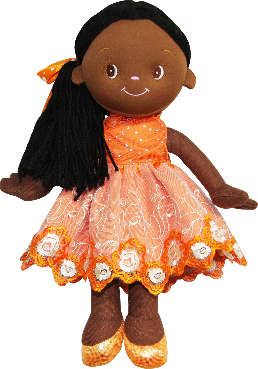 Every little girl will love Valentina Rag Doll, she has a beautiful Orange dress on with silver stars and embroidered flowers, little girls will love her polka dot bow in her hair and can have fun playing with her hair, she will love to have tea parties with other dolls.