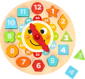 Help your child learn to tell the time with this Wooden Clock with Shapes. Featuring 12 wooden blocks in bright colours and different shapes, this learning clock teaches children how to read hour and minute hands, recognise shapes, and more!