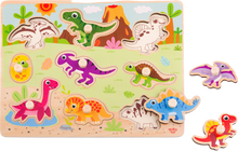 Load image into Gallery viewer, Explore the history of Dinosaurs with Tooky Toy&#39;s Wooden Dinosaur Puzzle! Brightly coloured and with 9 different dino&#39;s to learn about your child will be amused for a while whilst they play, learn and fit the dinosaurs into the slots! 
