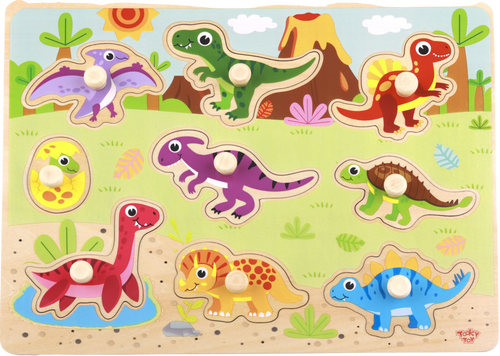 Explore the history of Dinosaurs with Tooky Toy's Wooden Dinosaur Puzzle! Brightly coloured and with 9 different dino's to learn about your child will be amused for a while whilst they play, learn and fit the dinosaurs into the slots! 