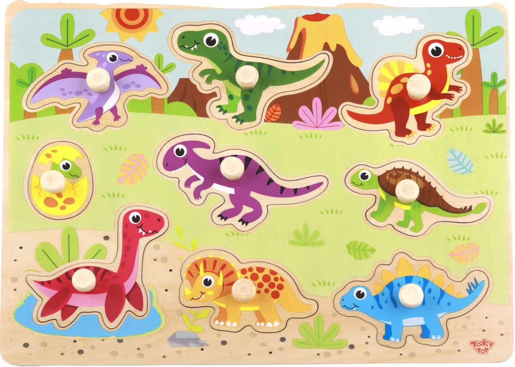 Explore the history of Dinosaurs with Tooky Toy's Wooden Dinosaur Puzzle! Brightly coloured and with 9 different dino's to learn about your child will be amused for a while whilst they play, learn and fit the dinosaurs into the slots! 