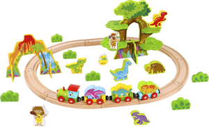 Build and Shape your own wooden railway with this train set. Supplied with train, dinosaurs and tree house, make your own dinosaur railway!  Amazing for rainy day fun indoors.