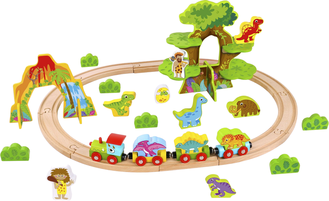 Build and Shape your own wooden railway with this train set. Supplied with train, dinosaurs and tree house, make your own dinosaur railway!  Amazing for rainy day fun indoors.